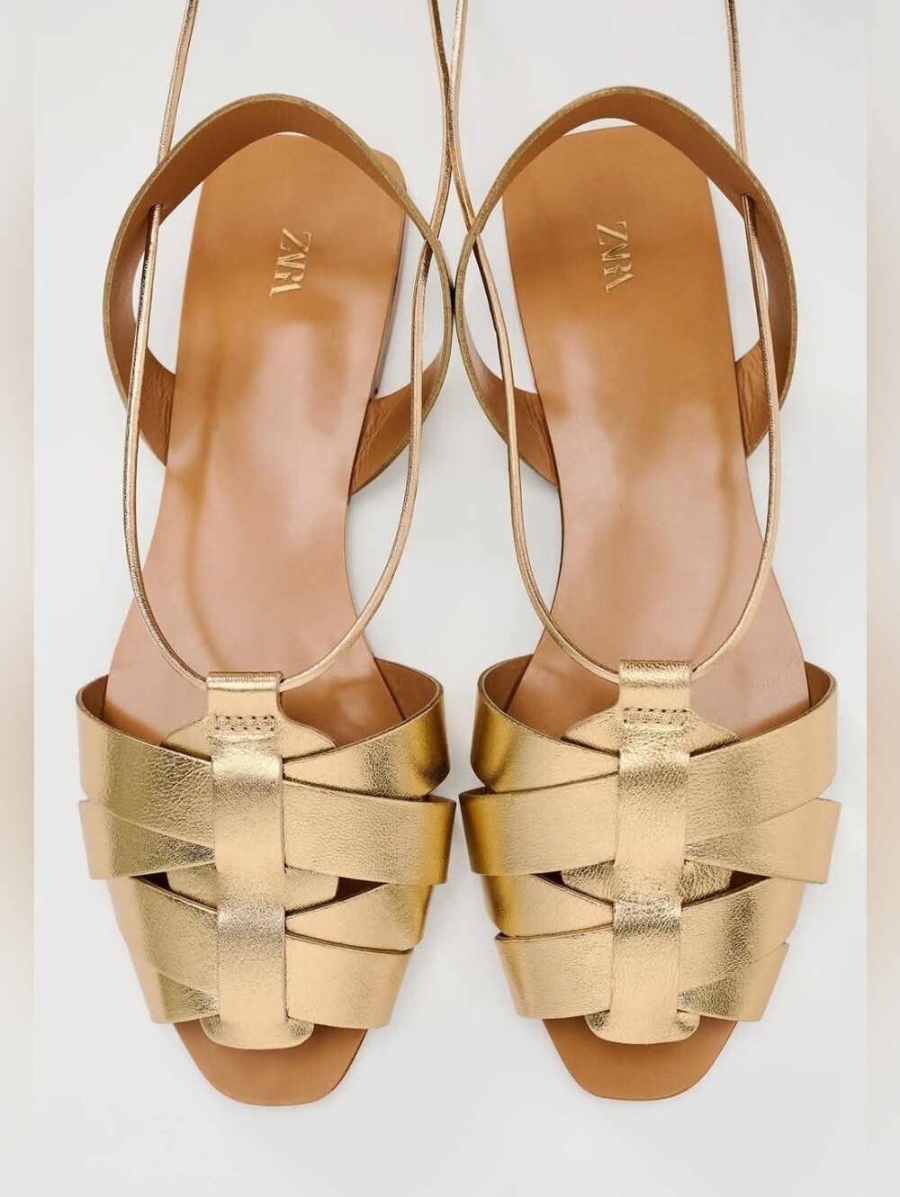 Zara Metallic Gold Woven Lace Up Slingback Leather Cage Sandals